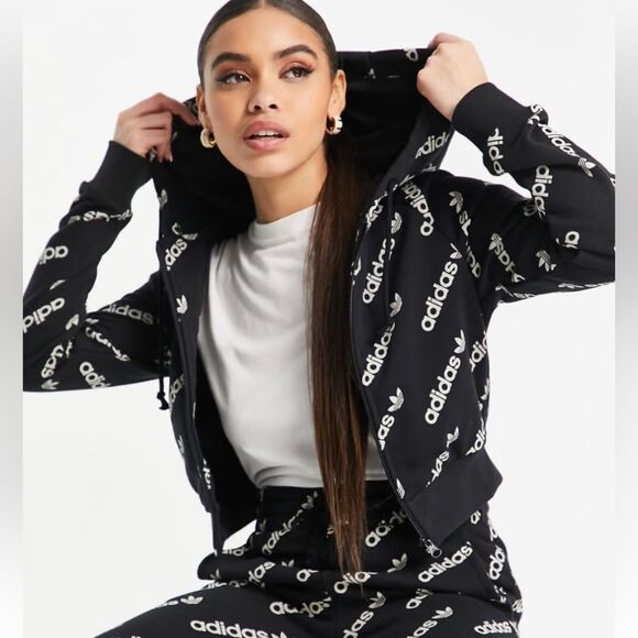 Adidas Originals 'Logomania' repeat logo zip hoodie in black size M - Picture 1 of 8